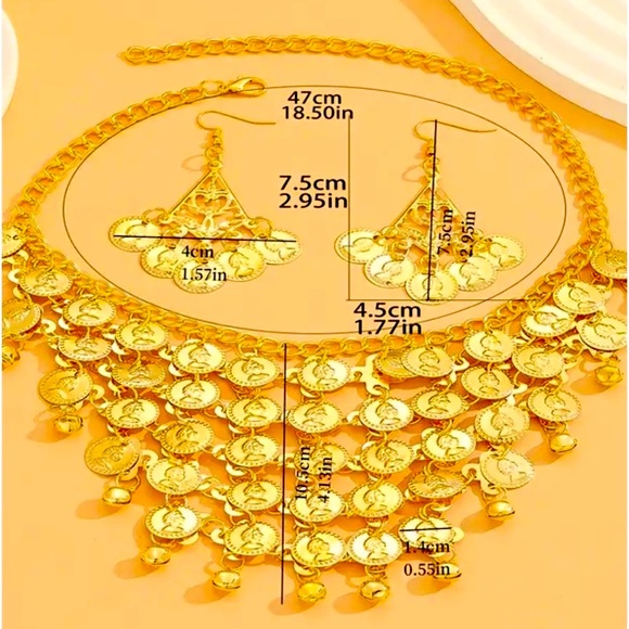 BOHO STYLE EARRINGS + NECKLACE SET GOLDEN COIN DESIGN NEW - Picture 2 of 5